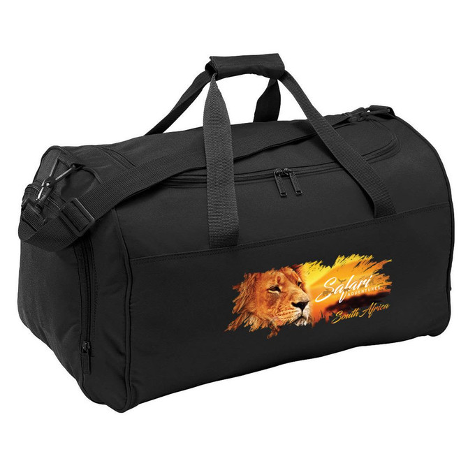 A black duffle bag with a lion graphic design and a logo. Features dual handles and a shoulder strap.