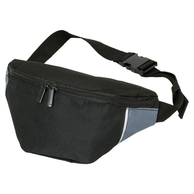 A black and grey waist bag with a zip closure and an adjustable strap, featuring a logo.