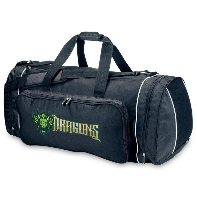 A black duffle bag with a green and gold logo, featuring multiple compartments and sturdy handles.