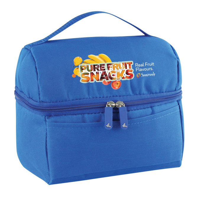 A blue lunch bag with a zip closure and a top handle, featuring a logo and fruit graphics.