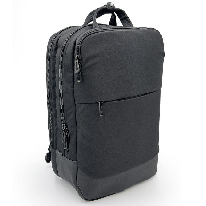 A sleek black laptop bag with multiple zippers and a front pocket, featuring a minimalist design and branding.