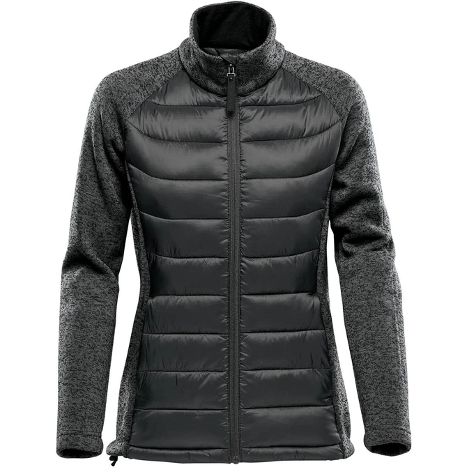 A women's hybrid jacket in dark grey and black with a zip front and a high collar. It features a logo.