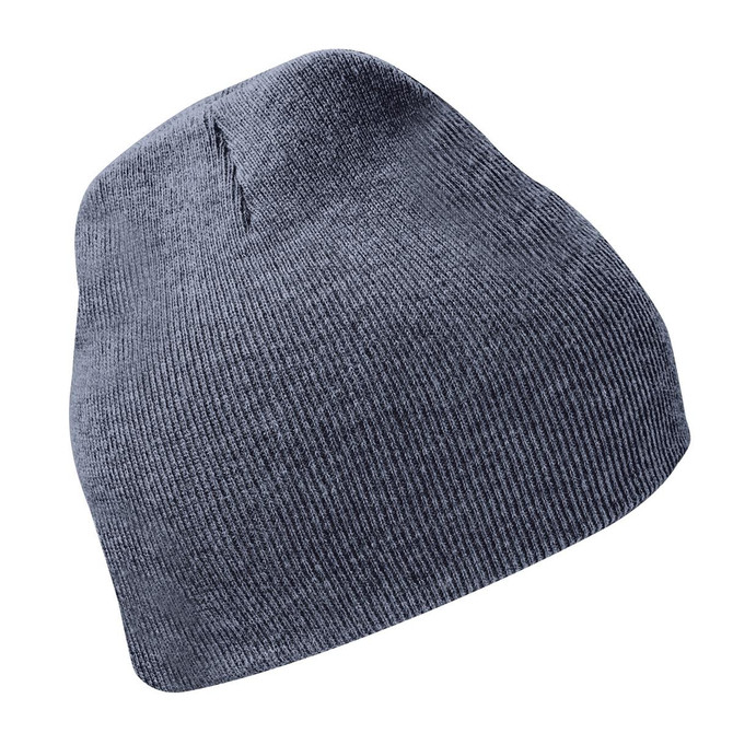 A dark grey knit beanie featuring a snug fit and a ribbed texture, complete with a logo.