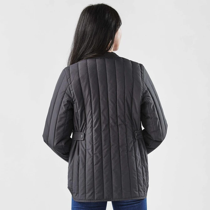 A quilted women's jacket in dark grey, featuring a fitted design and a logo on the back.