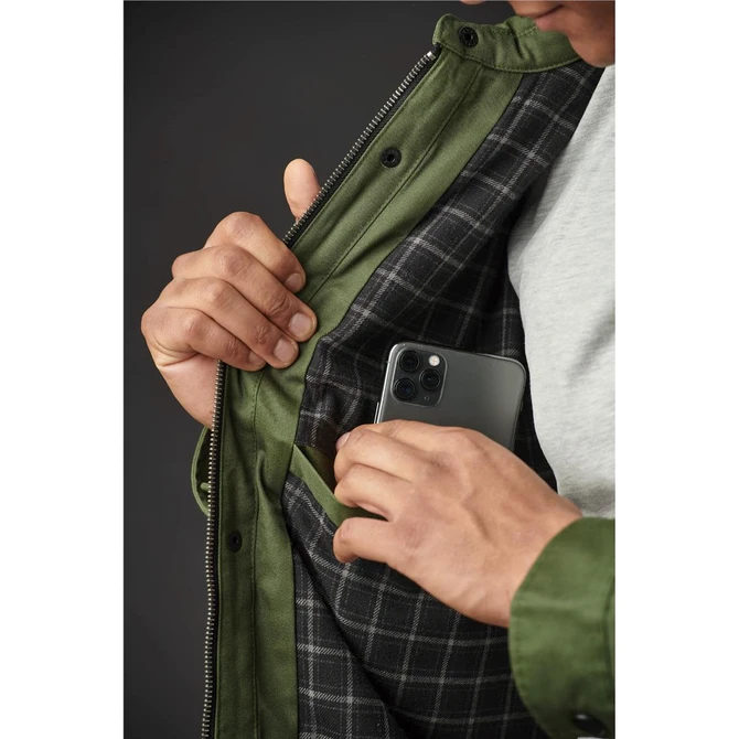 Men's Bushwick Quilted Jacket in olive green, featuring a plaid lining and an inside pocket for a phone.
