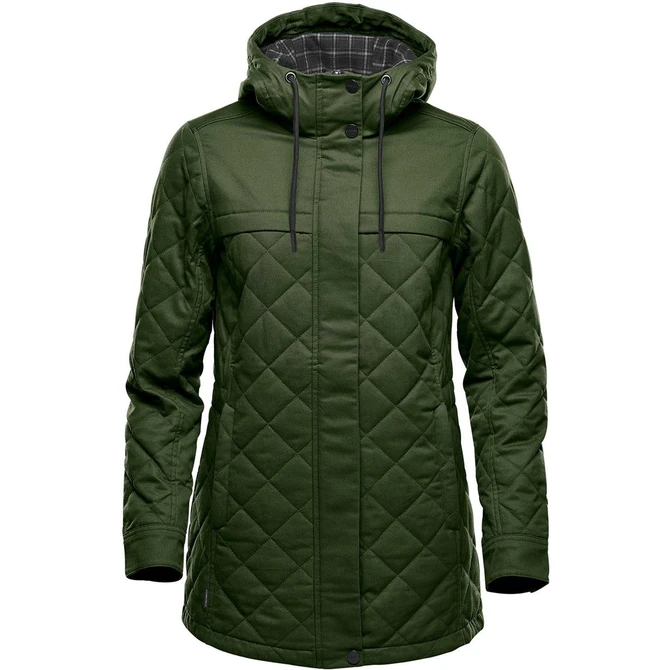 A women's quilted puffer jacket in dark green with a hood and a checkered lining, featuring a logo.