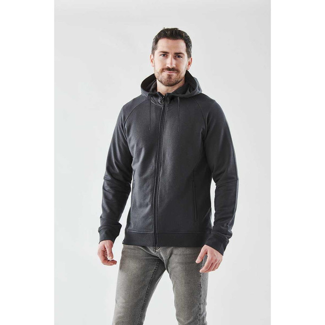 A men's full zip hoody in dark grey, featuring a hood and a fitted design, displayed on a model.