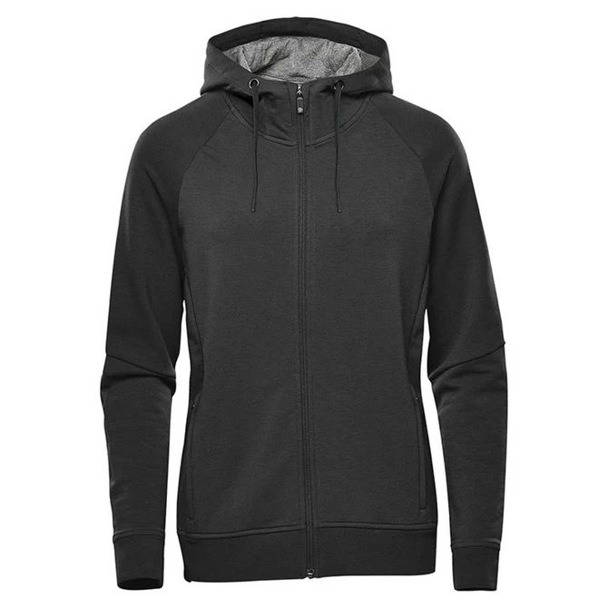 A black women's full zip hoodie with a hood and raglan sleeves, featuring a logo on the front.