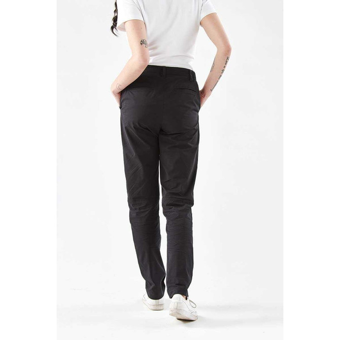 Women's black performance pants with a fitted design, featuring pockets and a logo. Suitable for track and casual wear.