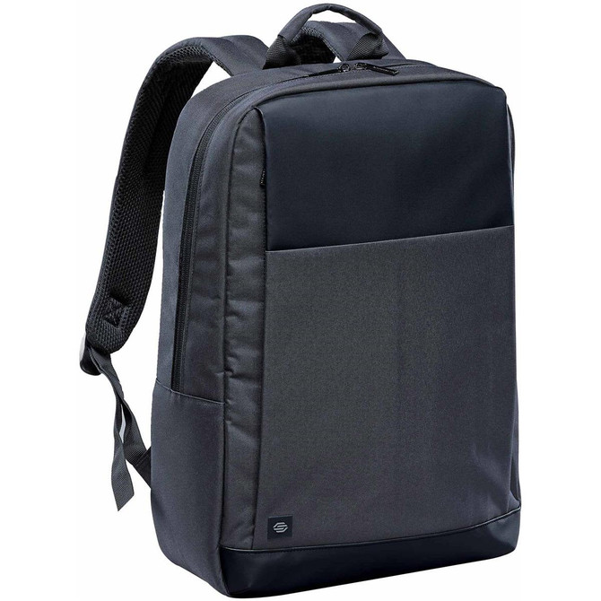 A black laptop backpack with a sleek design, featuring padded straps and a front pocket. It has a logo on the side.