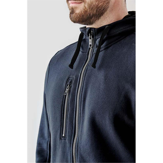 A navy blue men's fleece hoody featuring a zippered pocket and a drawstring hood, with a logo on the chest.