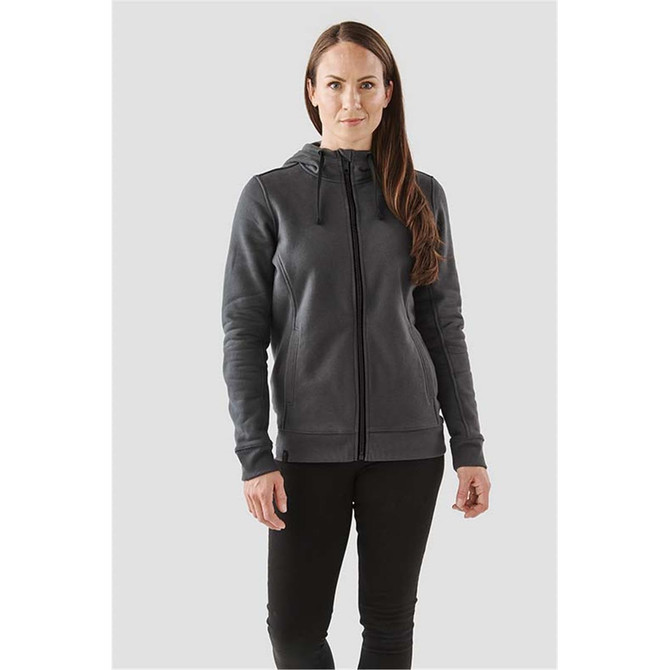A women's Dolomite fleece hoody in dark grey, featuring a zip front and a hood, displayed on a model.