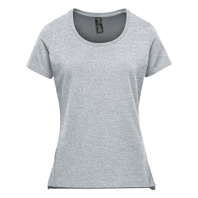 A light grey women's performance short sleeve tee featuring a scoop neckline and a logo.