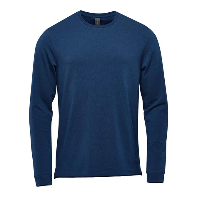 A navy long sleeve tee with a crew neckline and a simple design, featuring a logo on the label.