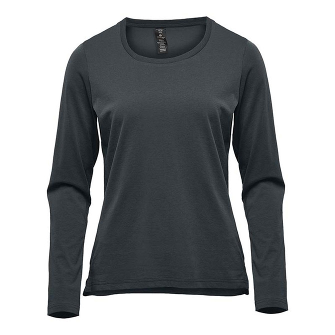 A dark green long sleeve tee with a round neck and a logo on the tag. Suitable for casual wear.