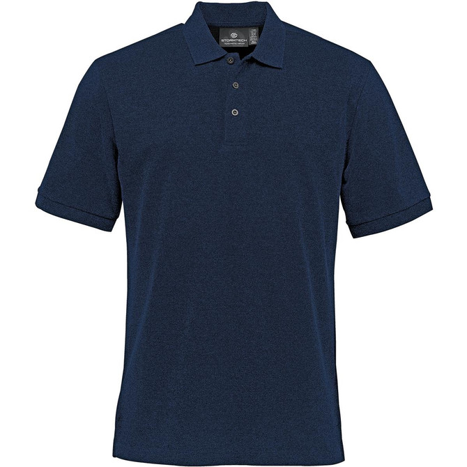 A navy blue stretch pique polo shirt featuring a collar and logo.
