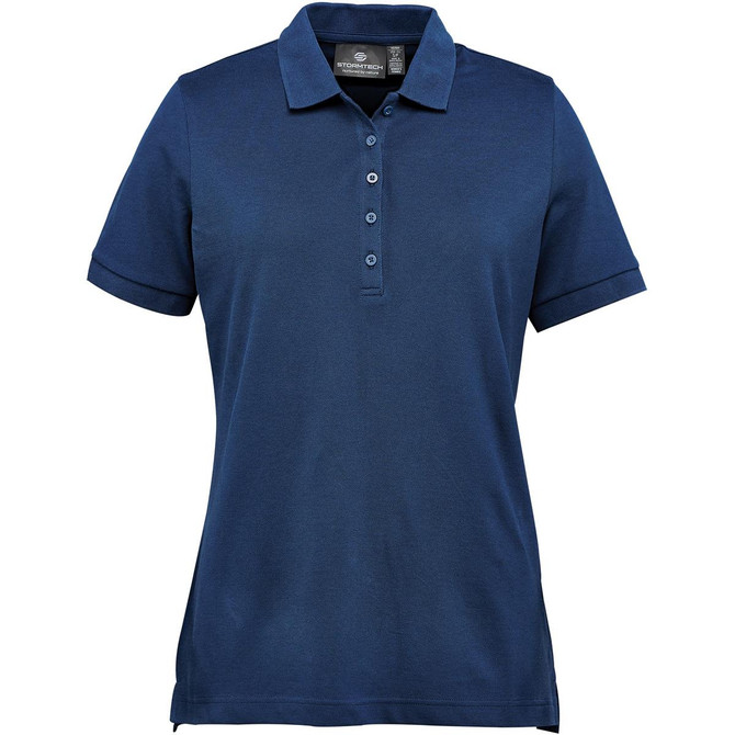 A navy blue women's polo shirt featuring a collar, buttons, and short sleeves, with a logo on the chest.
