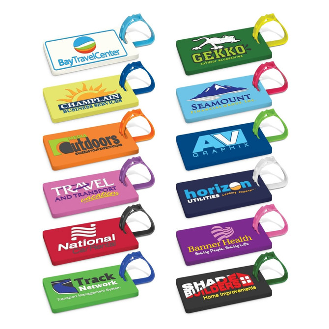 A selection of colourful PVC luggage tags in various designs and shapes, featuring different branding and logos.