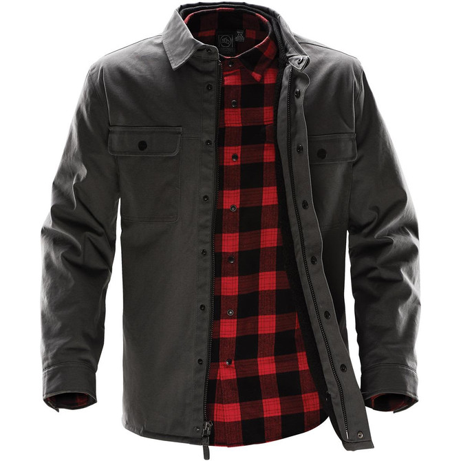 A Men's Tradesmith Jacket in dark green with a red and black checked interior and button-up front. Features a logo.