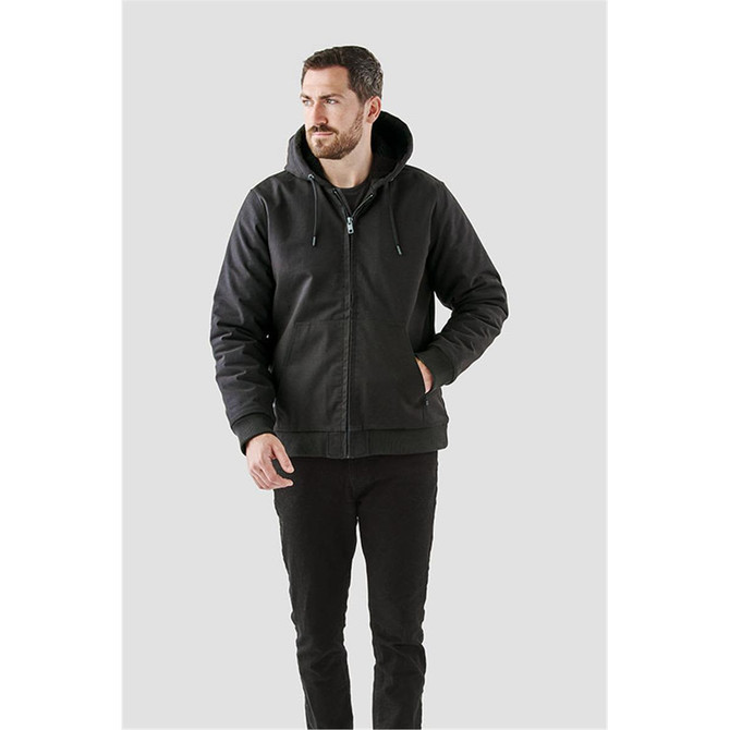 A black hooded jumper with a front zipper and drawstrings, designed for men. The model is posing against a plain background.
