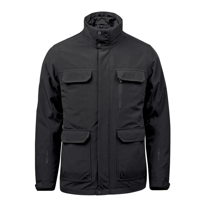 A black jacket with multiple pockets, a high collar, and a logo, designed for outdoor use.
