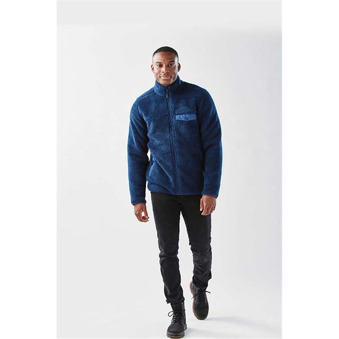 Men's Bergen Sherpa fleece jacket in navy blue, featuring a zip front and a logo on the chest.