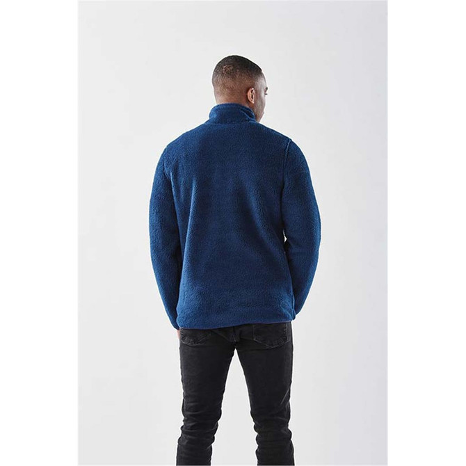 A men's Bergen Sherpa fleece jacket in a deep blue colour, featuring a high collar and a back view.