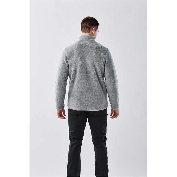 A light grey men's polar fleece jacket with a high collar, shown from the back on a model.