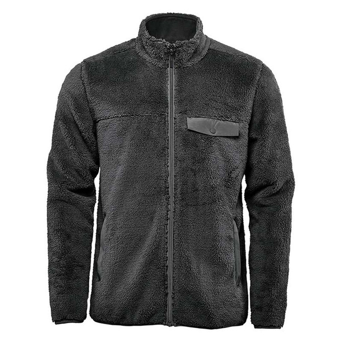 A grey men's Bergen Sherpa fleece jacket with a zip front, a chest pocket, and a logo on it.