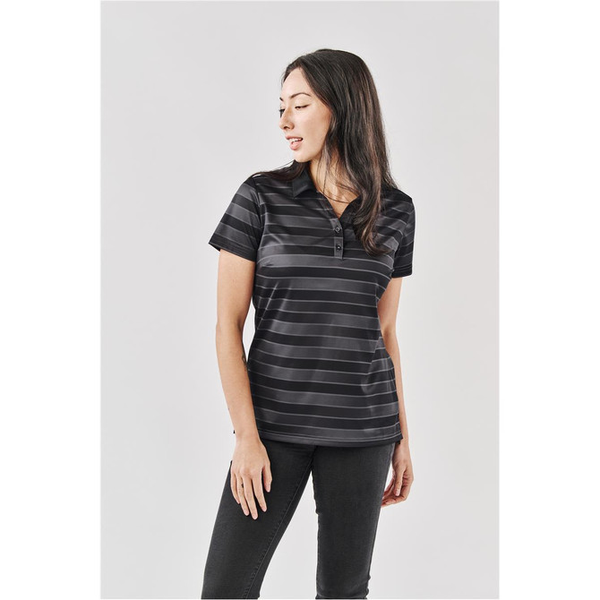 A women's polo shirt in black with subtle stripes, featuring a collared neck and a logo.