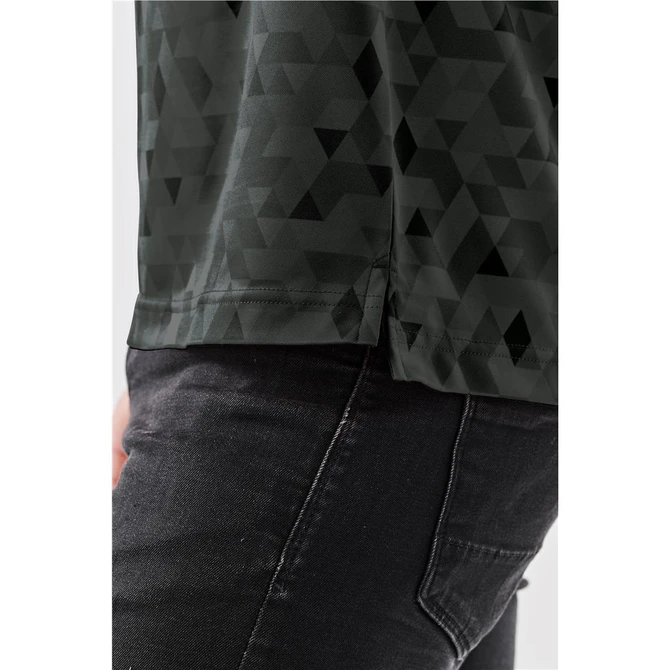 A side view of a dark green Men's Galapagos Polo featuring a geometric pattern, with a visible logo detail.