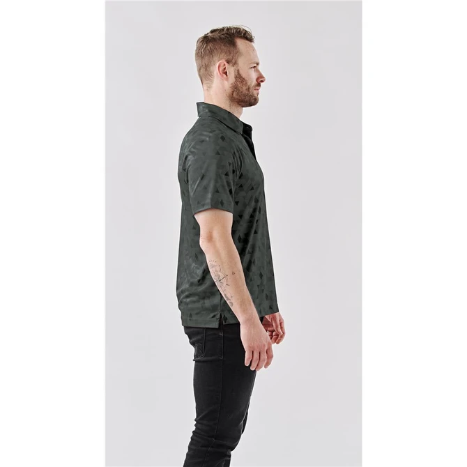 A men's polo shirt in a dark green colour featuring a subtle pattern, shown from the side. The shirt has a collar and short sleeves.