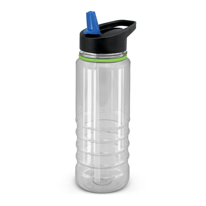 A drink bottle featuring a clear body, black lid, and a blue spout with a green accent. It includes branding.