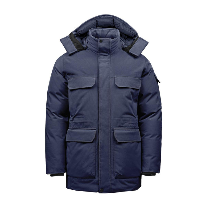 A navy blue Men's Denali Parka featuring multiple pockets and a hood, complete with a logo on the sleeve.