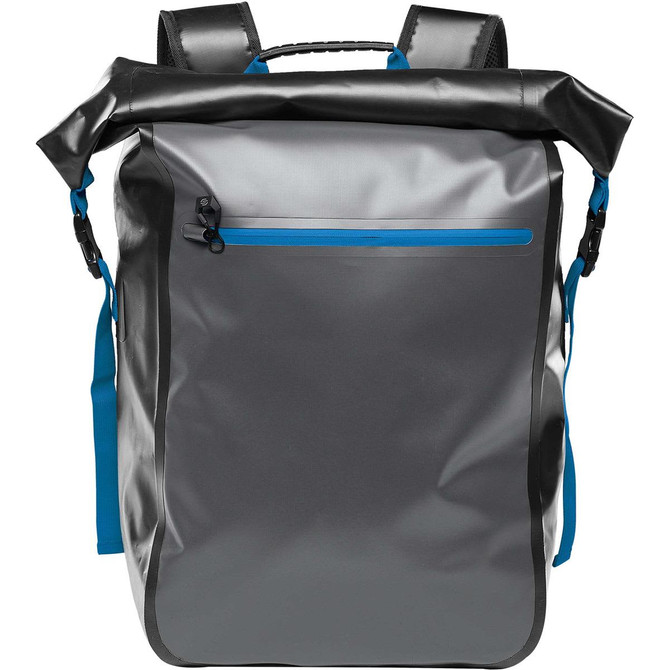 A grey and black waterproof backpack with blue accents, featuring a top handle and adjustable shoulder straps.