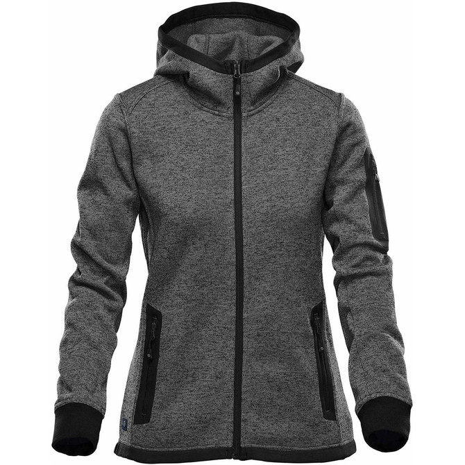 A grey knit hooded jumper with zippered pockets and a logo on the sleeve.