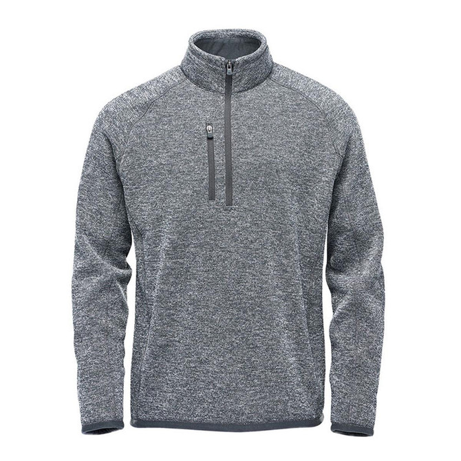 A grey men's pullover jumper with a 1/4 zip and a small pocket, featuring a logo on the chest.