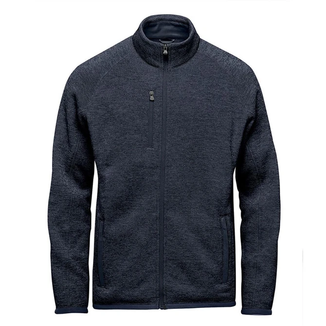 A men's full zip fleece jacket in dark grey, featuring a zippered chest pocket and side pockets, with branding.