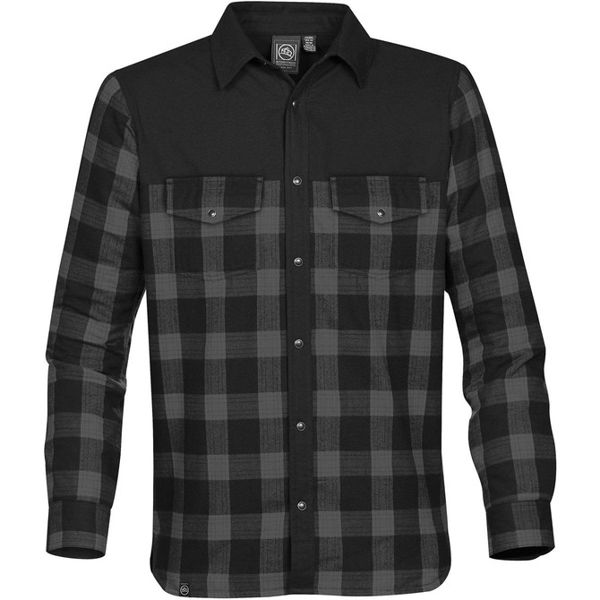 A black and grey plaid button-up shirt with long sleeves and two chest pockets, featuring a logo.