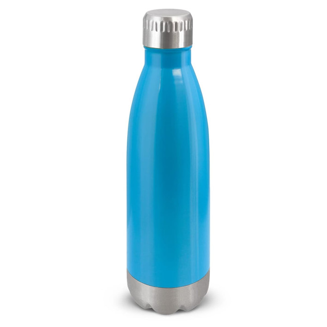 A drink bottle in bright blue with a stainless steel base and a silver screw cap, featuring a logo.