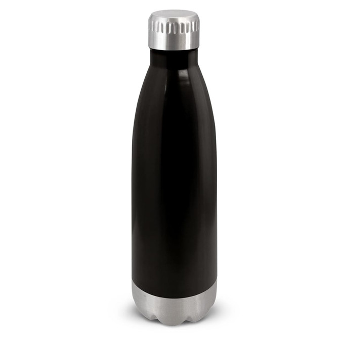 A drink bottle in black with a silver base and cap, featuring a logo on the body.