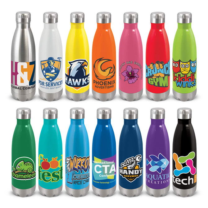 A drink bottle collection featuring various colours including stainless steel, bright yellow, orange, pink, blue, and green, each with unique designs.