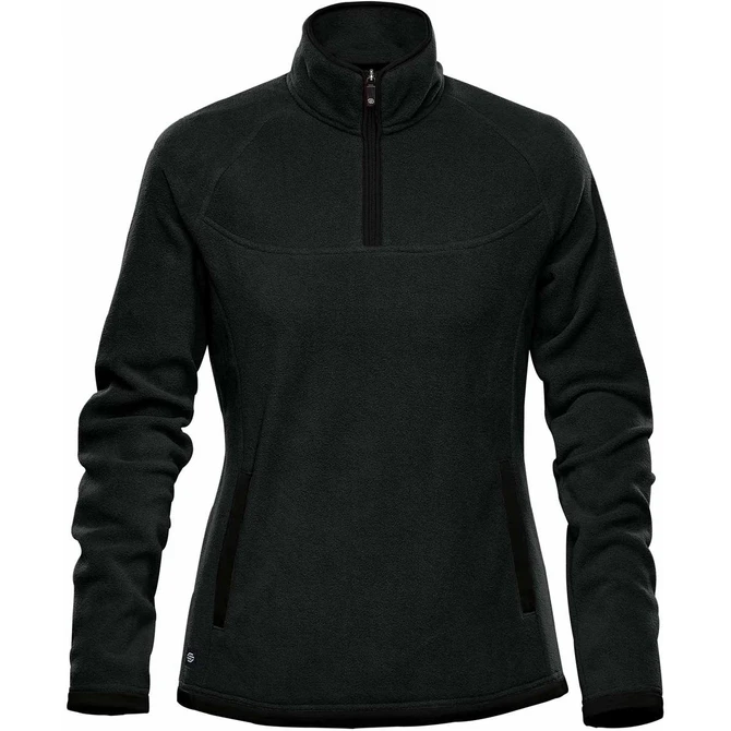 A women's polar fleece jumper in dark green with a 1/4 zip and side pockets, featuring a logo.