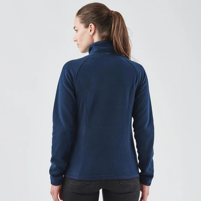 A navy women's fleece jumper with a 1/4 zip and a fitted design, featuring a logo on the back.