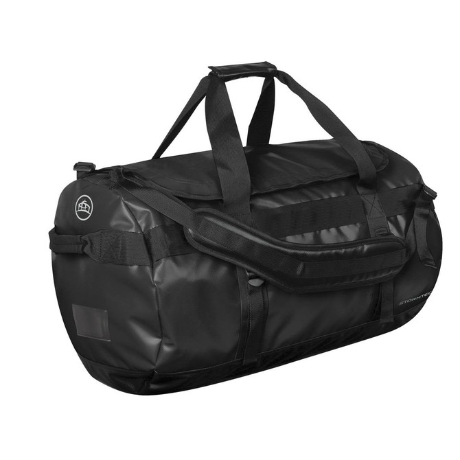 A medium black duffle bag with handles and a shoulder strap, featuring a logo on one side.