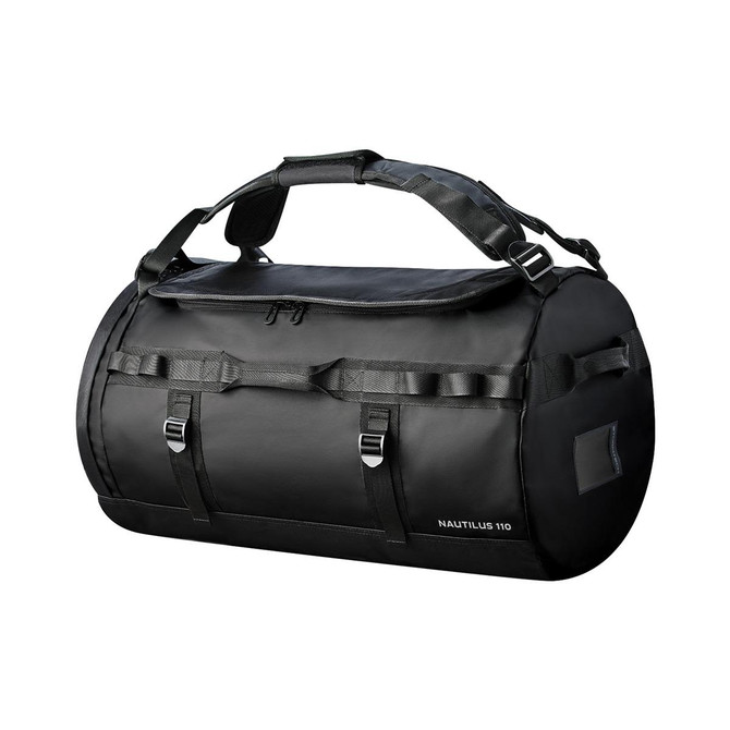 A black waterproof duffle bag with adjustable straps and a logo, featuring a cylindrical shape and sturdy handles.