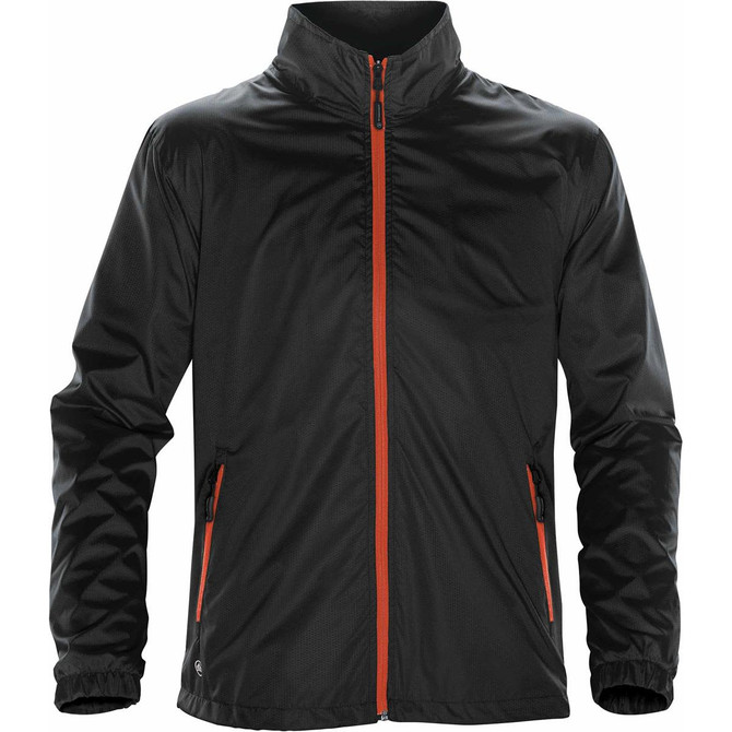 A men's jacket in black with orange accents, featuring a zip front and side pockets, and a branded logo.