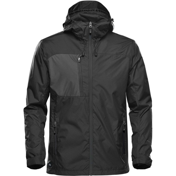 A black men's rain jacket featuring a hood, zipped front pockets, and a logo. Ideal for wet weather conditions.
