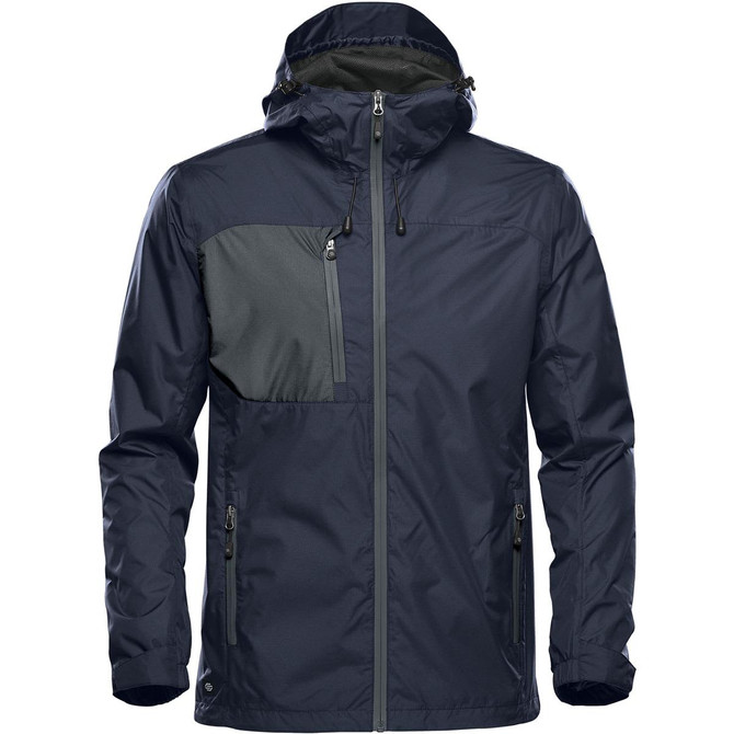 A navy rain jacket featuring a contrasting grey pocket and a hood, with zippers and branding.