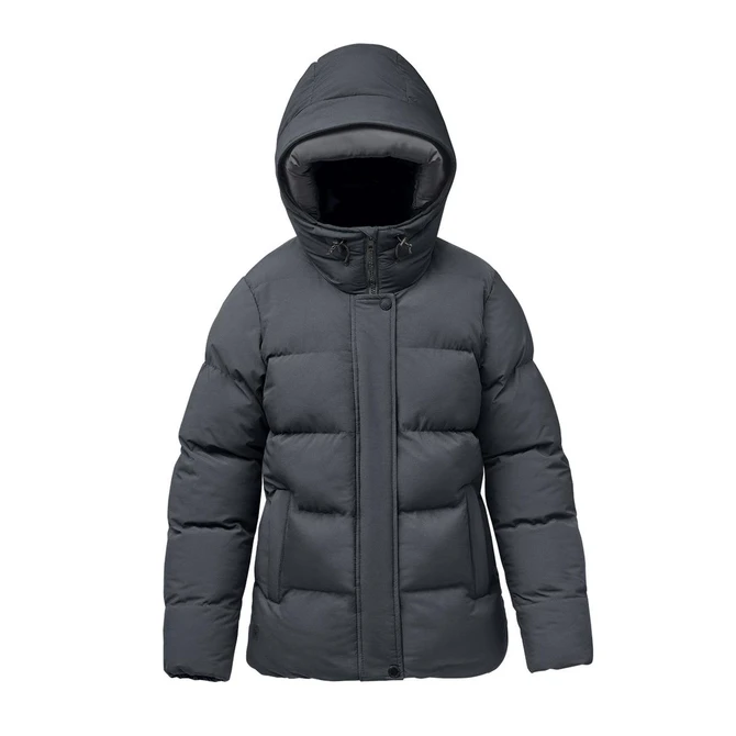 A women's thermal jacket in dark grey, featuring a hood and a puffy design, with a logo on the chest.